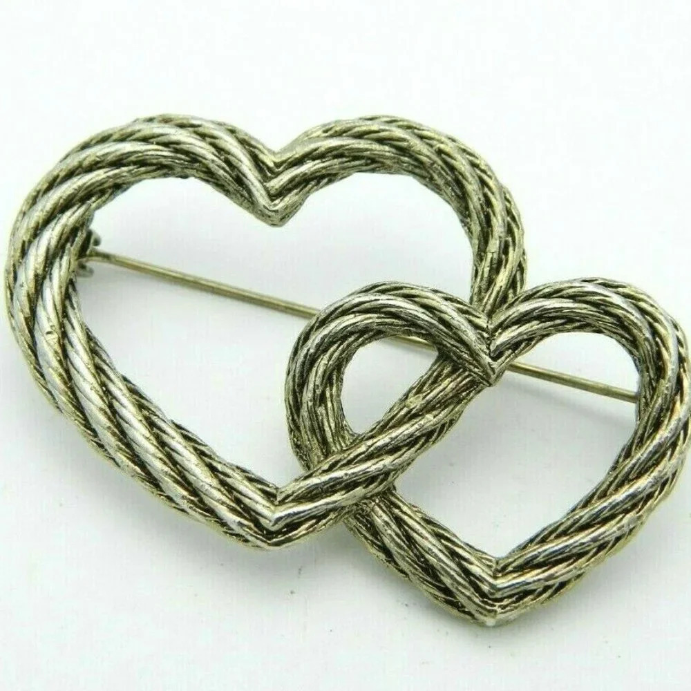Dual Heart Textured Gold Tone Pin Brooch Vintage